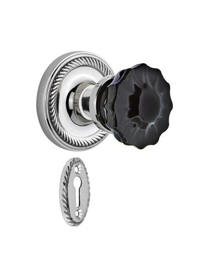 Rope Rosette Mortise Lock Set with Colored Fluted Crystal Glass Knobs Black in Polished Chrome.